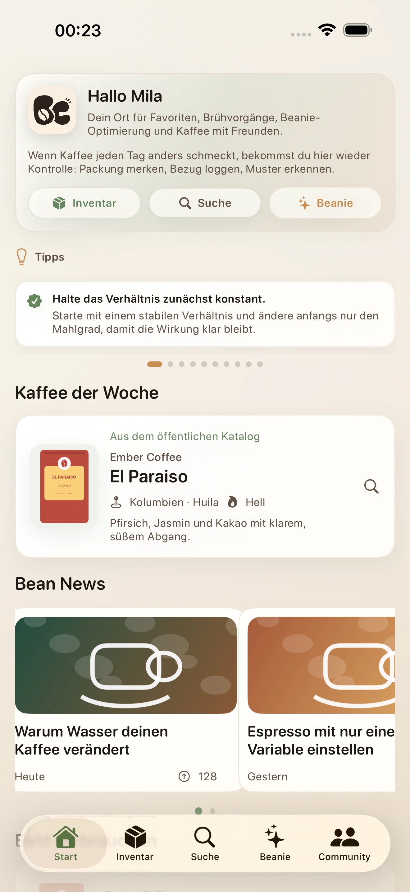 Startseite der Beans Club App