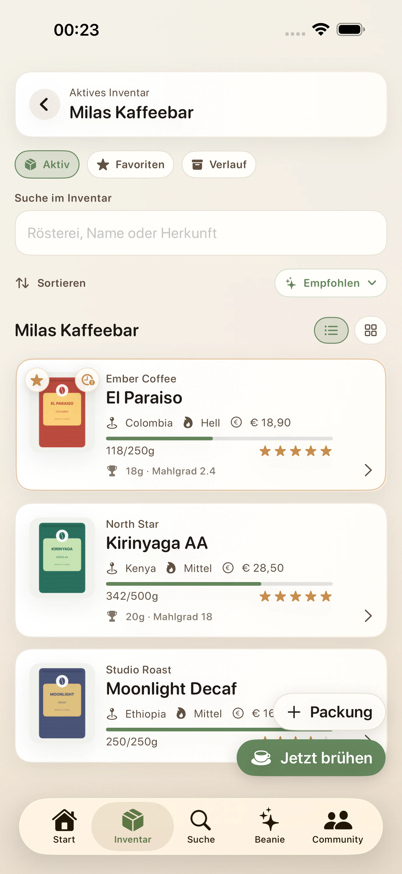 Kaffeeinventar in der Beans Club App